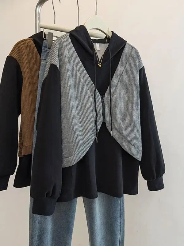 Hooded Fake Two-piece Spliced lange mouwen Sweatshirt Herfst en Winter Slim Top