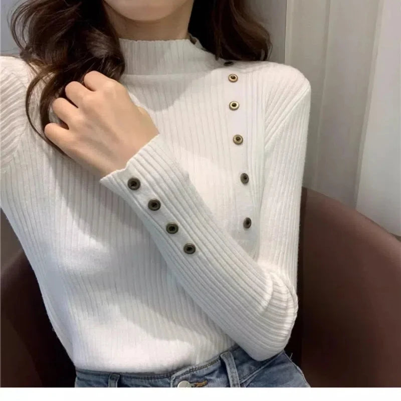 Весна-Осень Женская Одежда Однотонный Пуловер На Пуговицах Вязаный Свитер