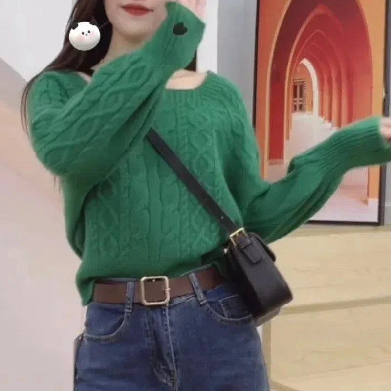 Однотонный свитер-фонарик с квадратным воротником и винтовой резьбой, длинный рукав