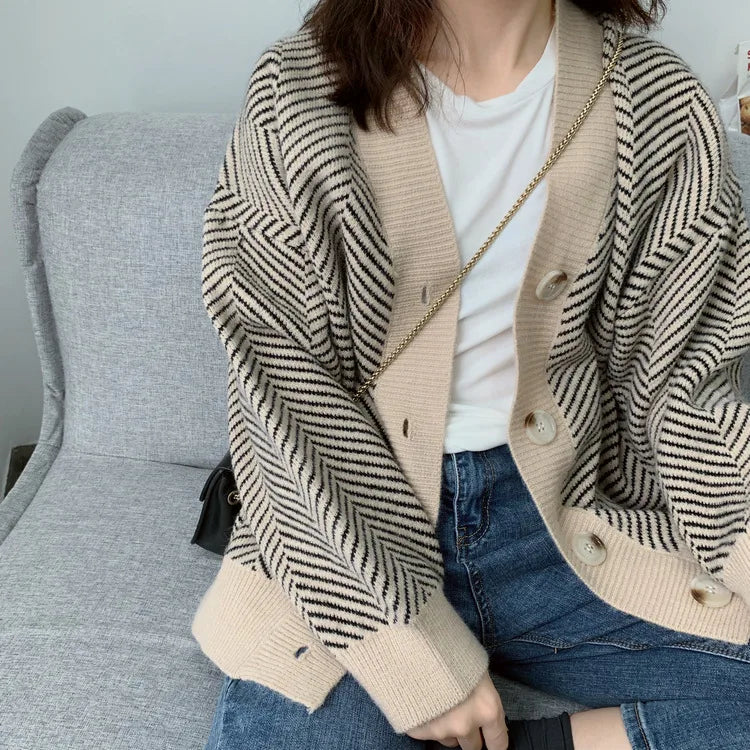 Bornladies Dames Trui Herfst Winter V-hals Gestreept Losvallend Cardigan