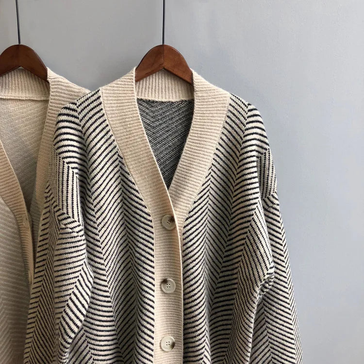 Bornladies Dames Trui Herfst Winter V-hals Gestreept Losvallend Cardigan