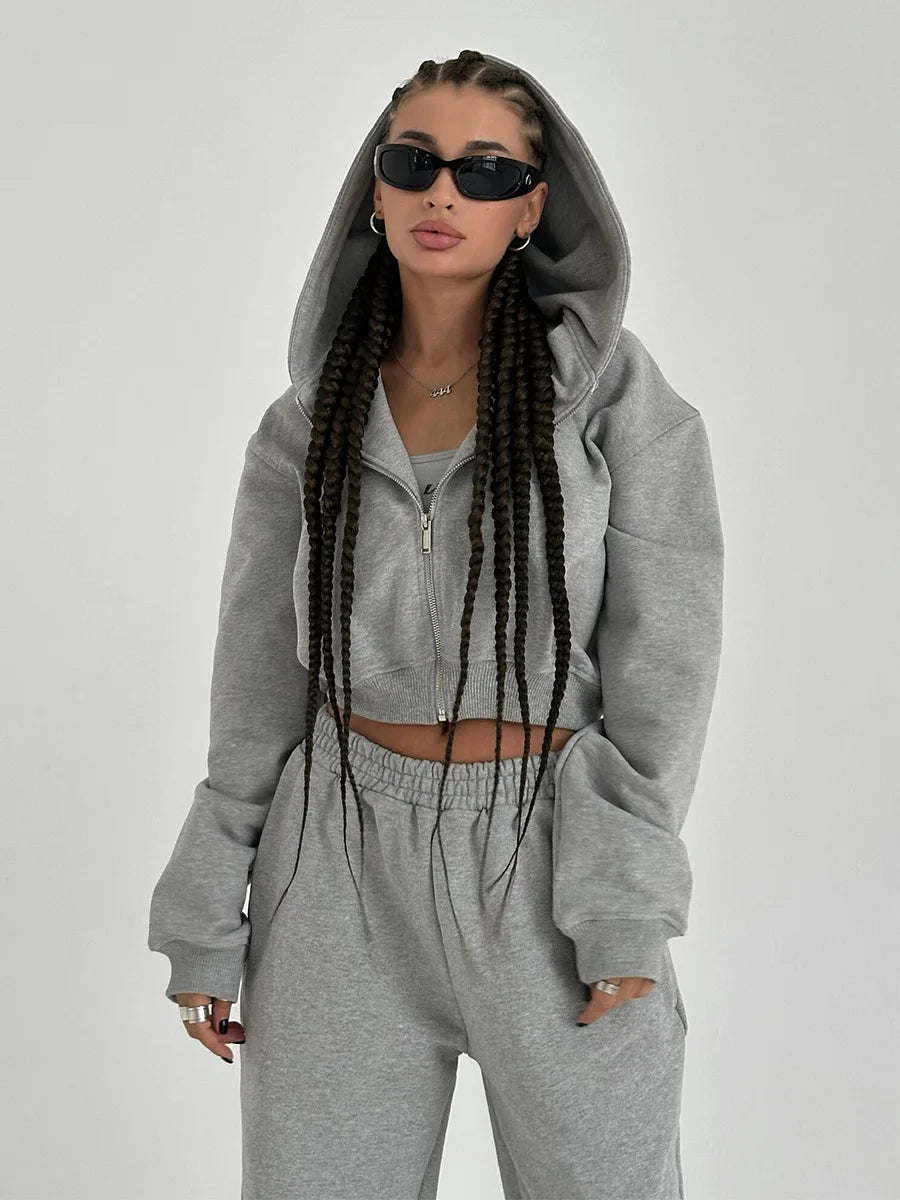 Bornladies Dames Cropped Hoodie Sweatpants Set Losse Trekkoord Taille Ritssluiting