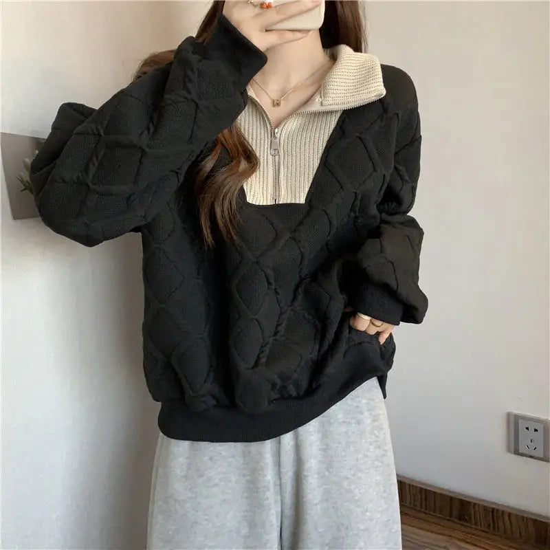 Driedimensionale sweatshirt met rits voor dames, herfst- en wintertop