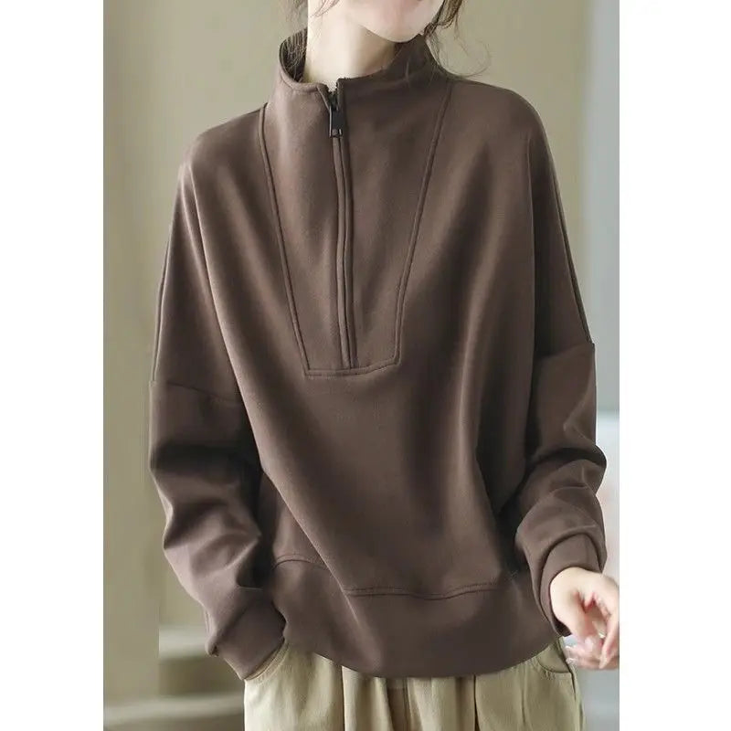 Fashionable and Casual Stand up Collar Sweatshirt Women in Spring and Autumn Loose Semi zipper