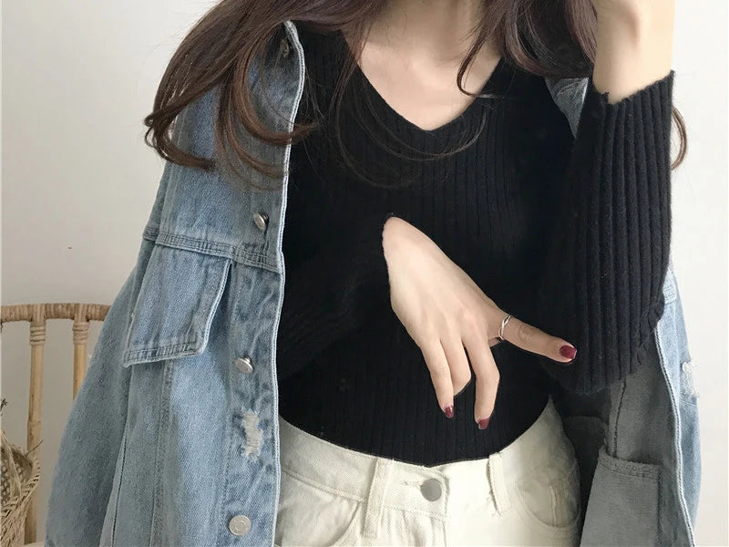 Heliar Dames V-hals Slim Sexy Trui Gebreid Lange Mouw Effen Onderkant Trui