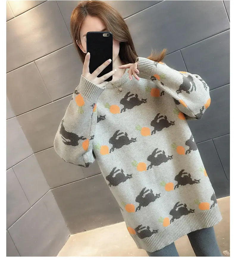Retro Medium to Long Length Outerwear Fashionable Versatile Women s Sweater Wide Elastic Knitted