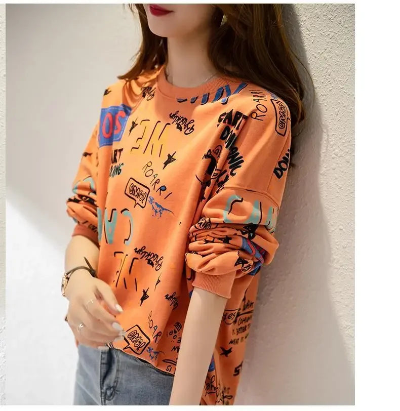 Classic Fashion Printing Letter Sweatshirts Women Long Sleeve Loose O collar Slim Casual All match