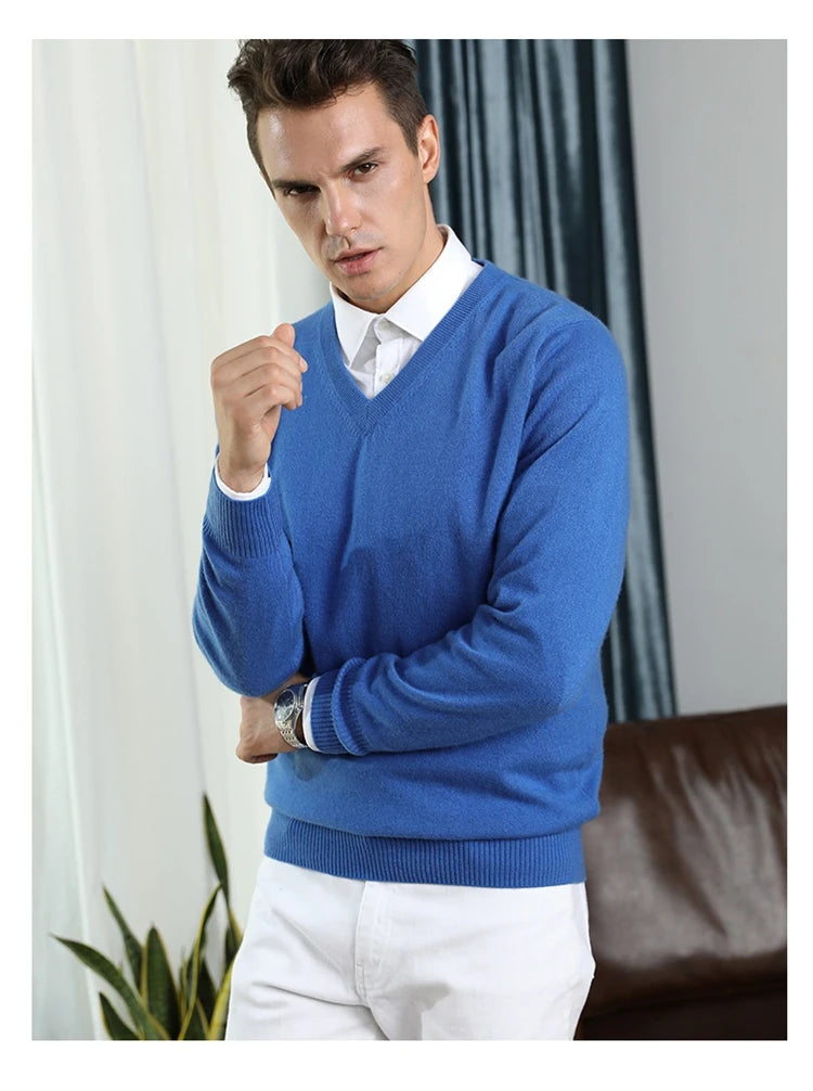 Classic Pullover V Neck Sweater Men Autumn Winter Cashmere Cotton Blend Warm Jumper Clothes Pull