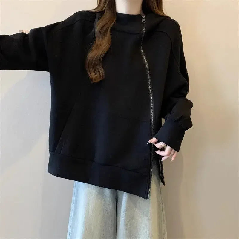 Plus Size Women Belly covering Hooded Diagonal Zipper Long sleeved Sweatshirt for Fat Girls Loose