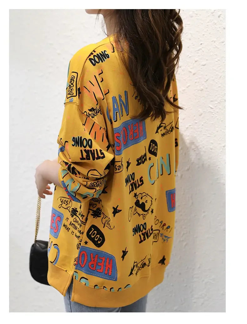 Classic Fashion Printing Letter Sweatshirts Women Long Sleeve Loose O collar Slim Casual All match