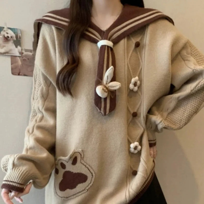 Melad Coffee Colored Knitted Sweater Plus Size Women s Mid to Long Navy Collar Top