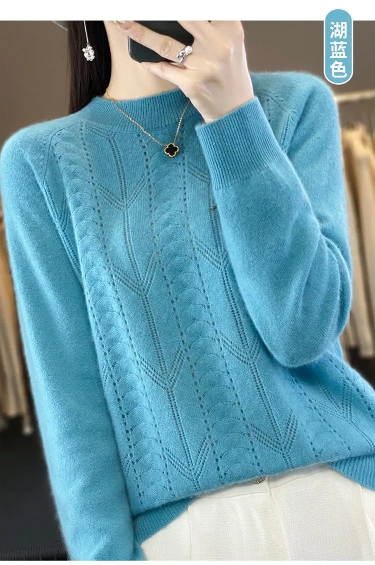 Women Stylish Simple Hollow Soft Cashmere Basic Knitted Sweater Solid O Neck Long Sleeve Loose