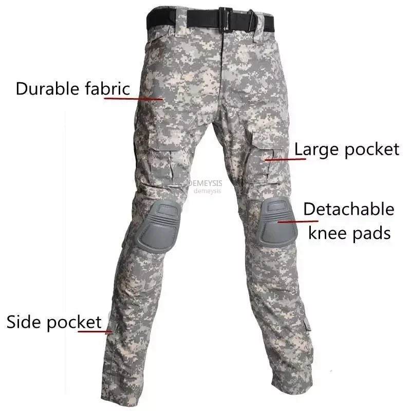 Tactical Camouflage Uniform Clothes Mens Outdoor Paintball Hunting Combat Shirt + Pants with Knee