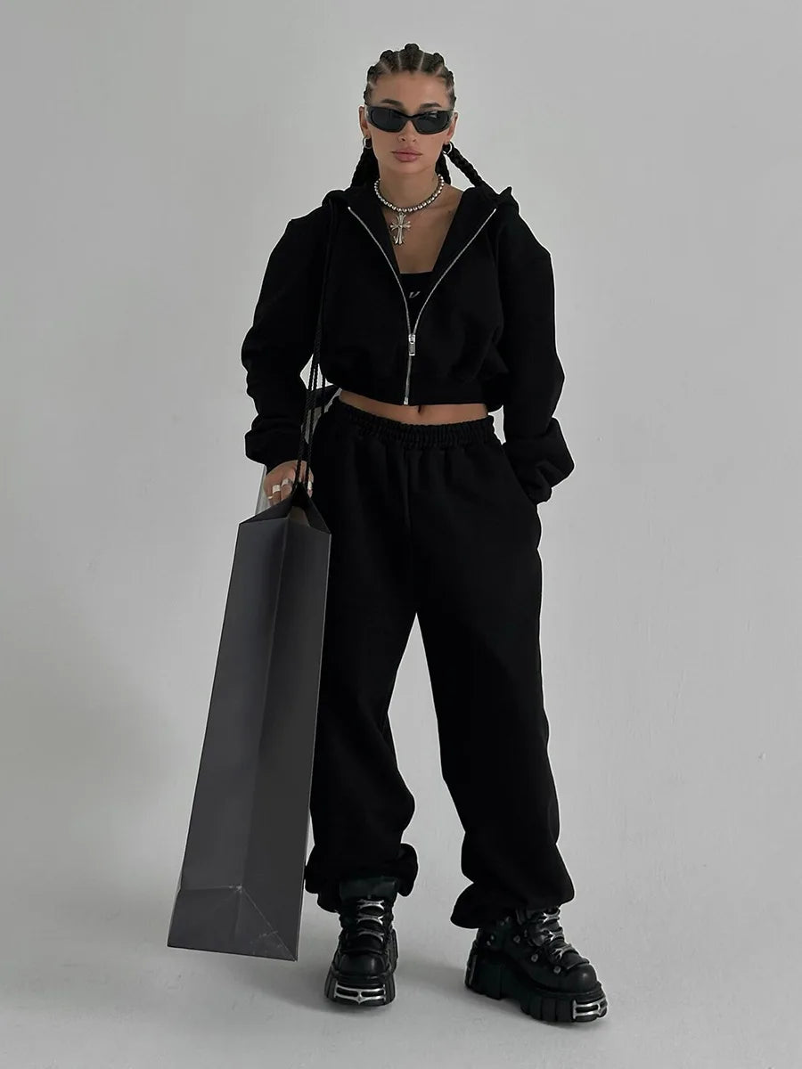 Bornladies Dames Cropped Hoodie Sweatpants Set Losse Trekkoord Taille Ritssluiting