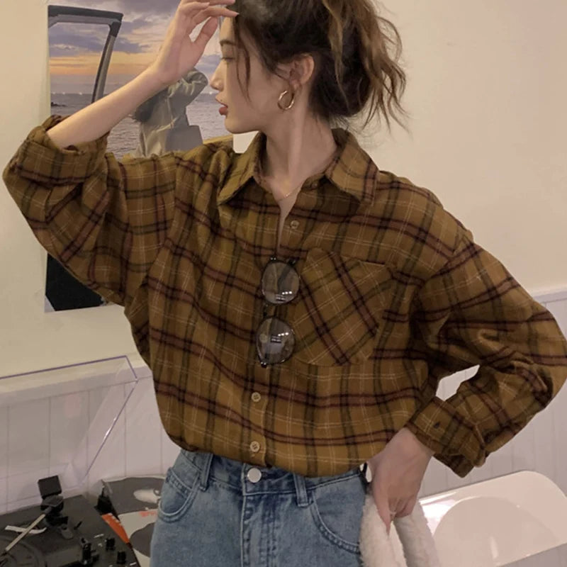 All Match Mix Color Plaid Shirts Dames Herfst Winter Enkelrijs Lange Mouw