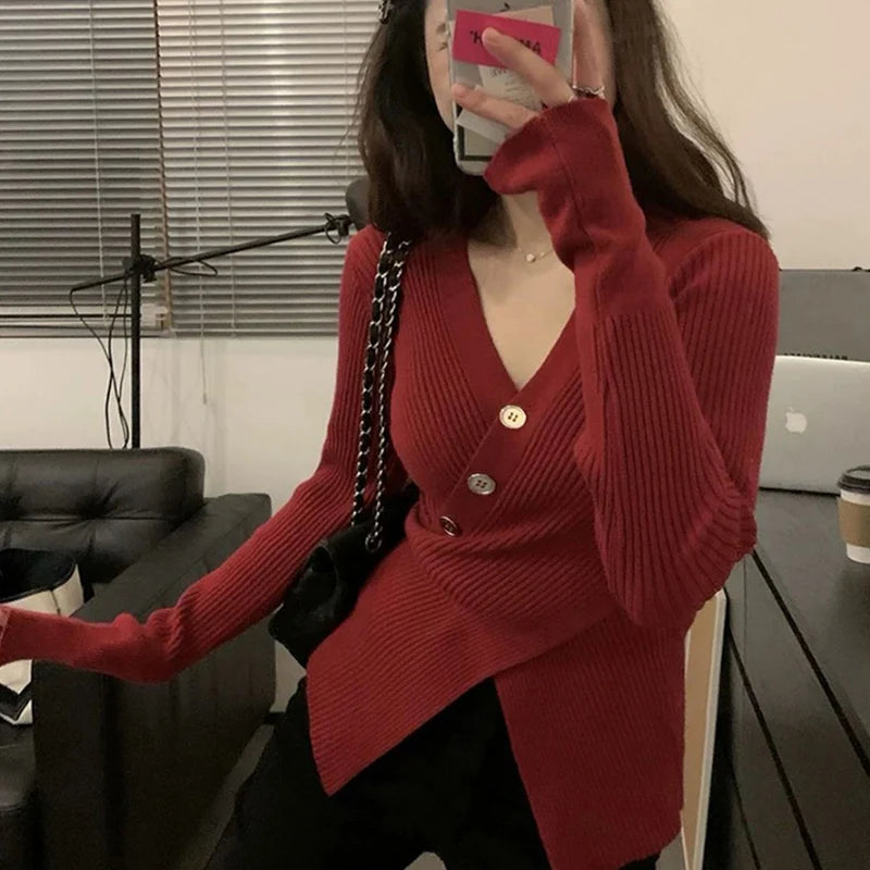 Sexy Slim Fit V-hals Trui Dames Herfst Winter Split Lange Mouw Gebreid