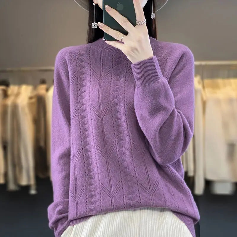 Women Stylish Simple Hollow Soft Cashmere Basic Knitted Sweater Solid O Neck Long Sleeve Loose