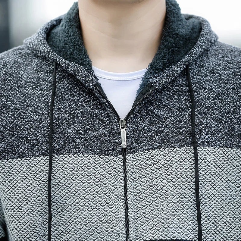 Men s Casual High Neck Long Sleeve Knitted Hoodie Coat Velvet Warmth Autumn Winter Fashion Multi