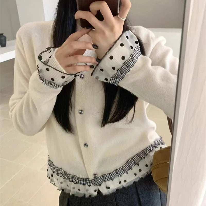 Koreaanse patchwork gebreide cardigan dames polka dot lange mouwen trui jassen