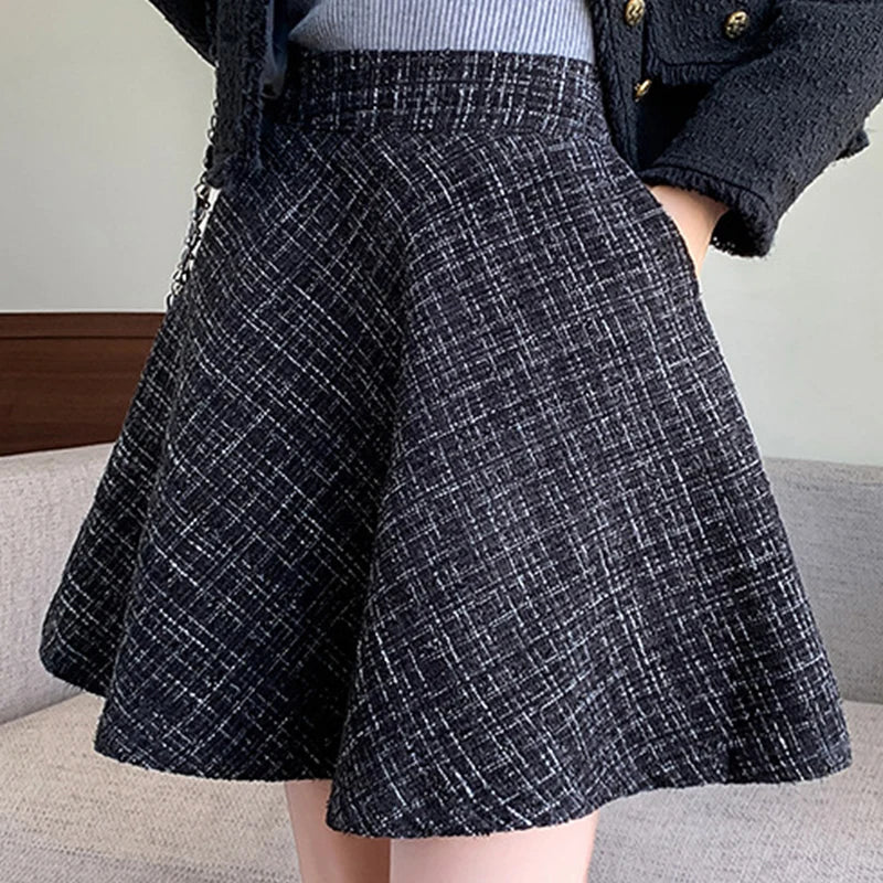 British Style Plaid Mini Skirts Women Autumn Winter Gray High Waist A Line
