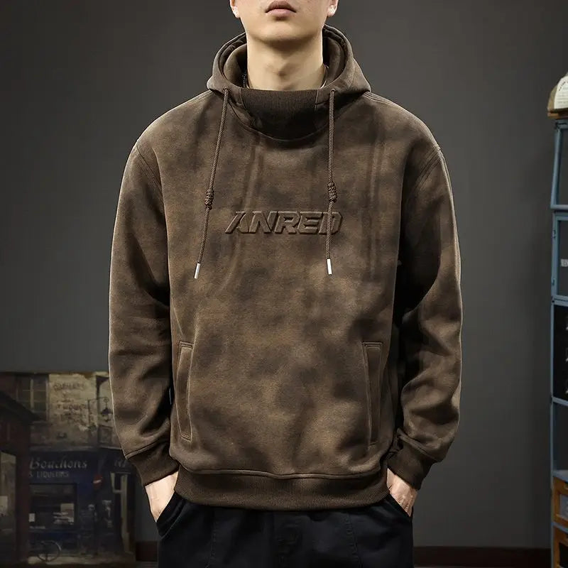 Men s Thick Hooded Sweatshirt High Neck Loose Korean Retro Style Casual Jacket