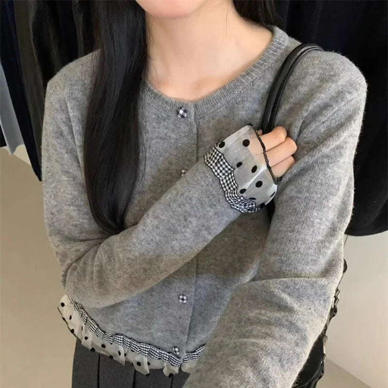 Koreaanse patchwork gebreide cardigan dames polka dot lange mouwen trui jassen