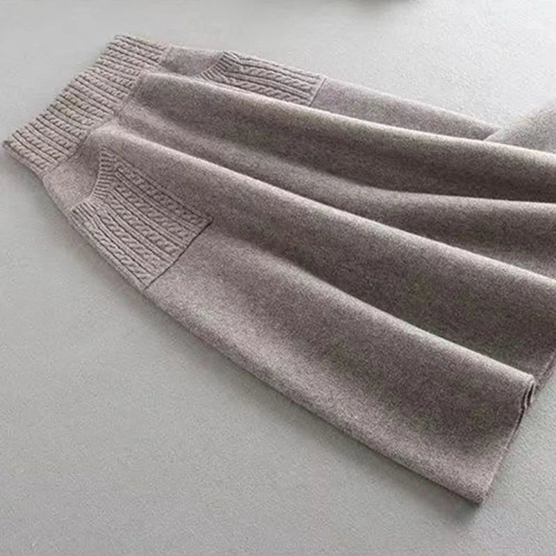 Biyaby Winter Dames Gebreide Midi Rokken Koreaanse Twee Zakken Katoenen Lange Rok