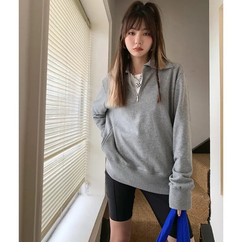 Herfst Winter BM Collar Polo Hoodie met rits voor dames met dikke fluweel en losse capuchon