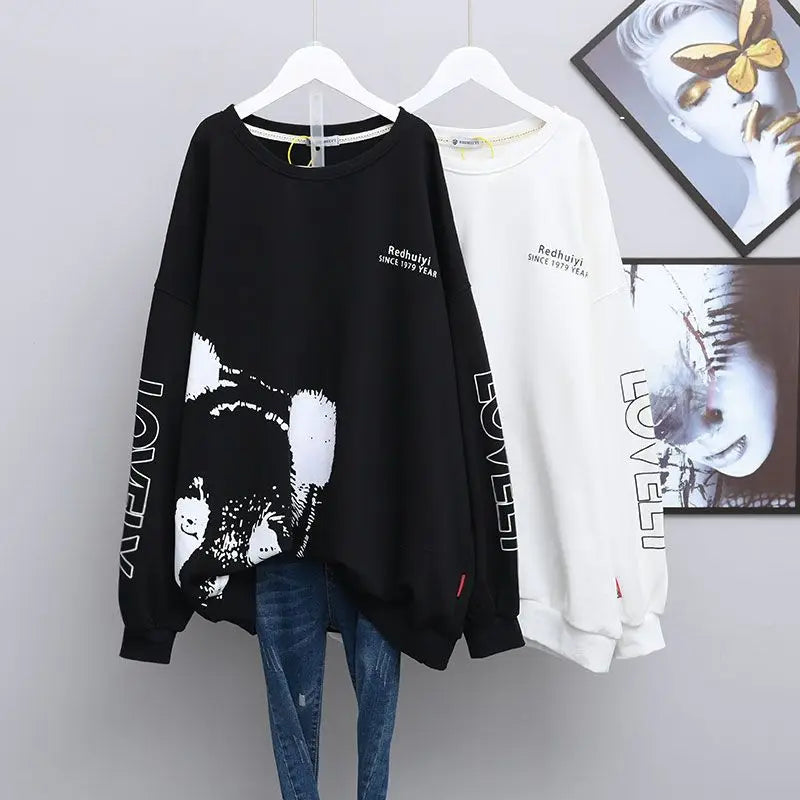 Kawaii Cartoon Letter Print Oversized Streetwear Female Sweatshirt Korean Fashion Casual Long Sleeve