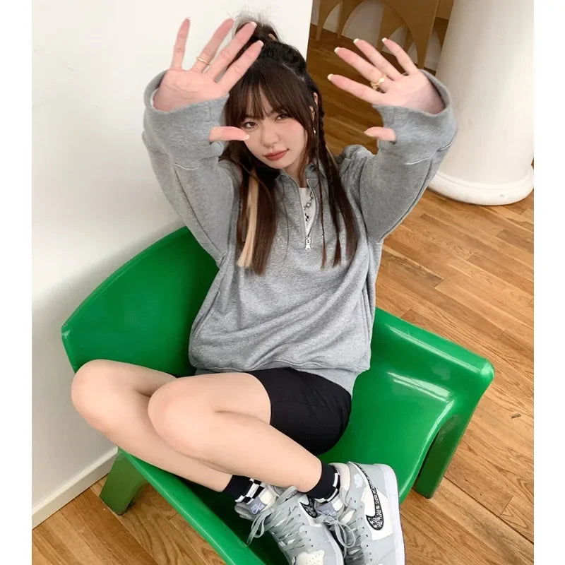 Herfst Winter BM Collar Polo Hoodie met rits voor dames met dikke fluweel en losse capuchon