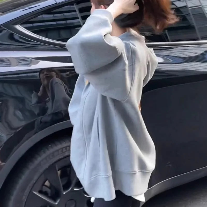 Mode Effen Kleur Trui Gebreid Vest Dames Ritssluiting Lange Mouw Los