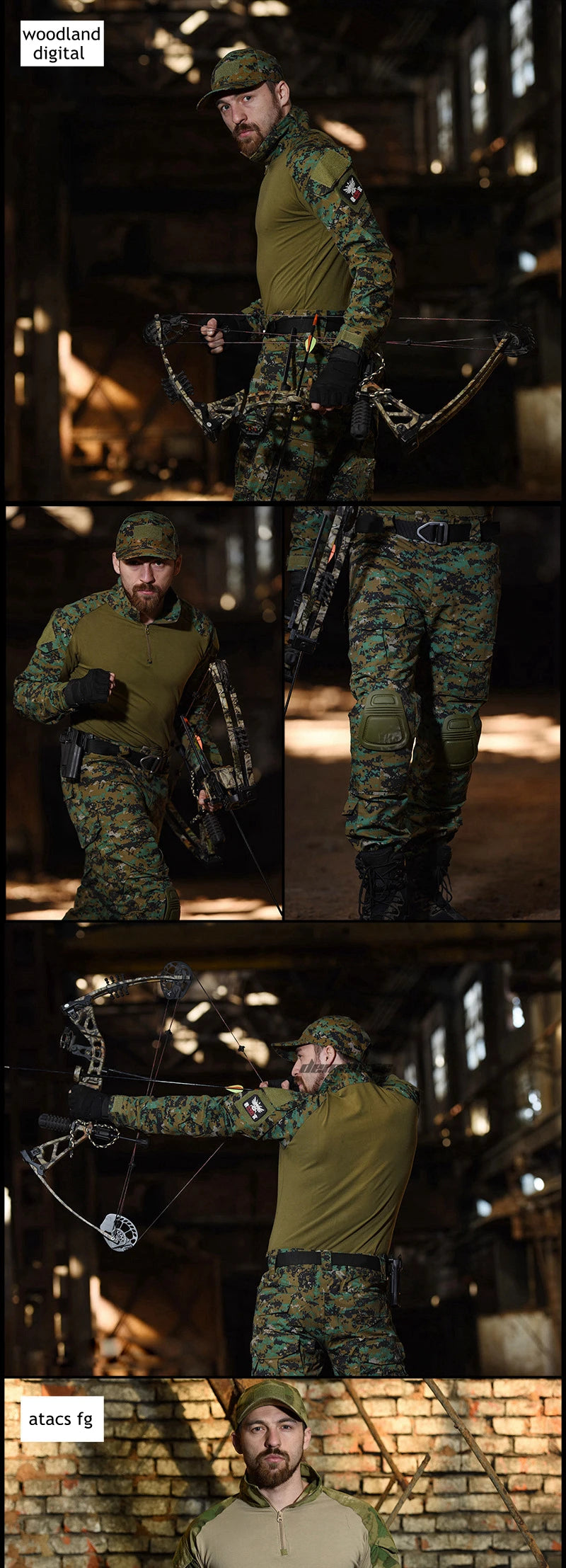 Tactical Camouflage Uniform Clothes Mens Outdoor Paintball Hunting Combat Shirt + Pants with Knee