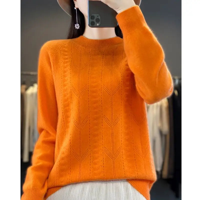 Women Stylish Simple Hollow Soft Cashmere Basic Knitted Sweater Solid O Neck Long Sleeve Loose