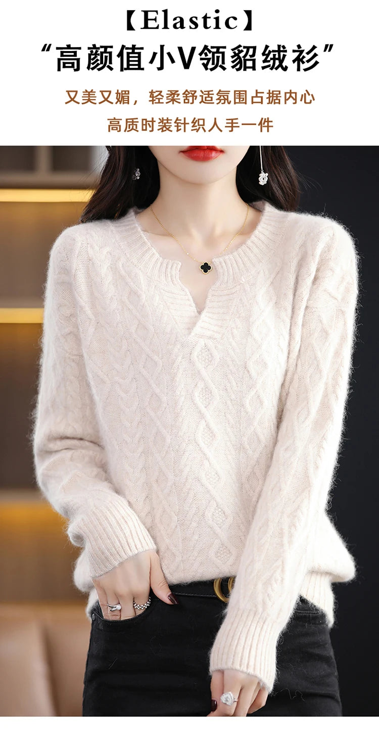 Pure Mink Cashmere Trui Dames V-hals Dikke Brei Trui Mode Jacquard