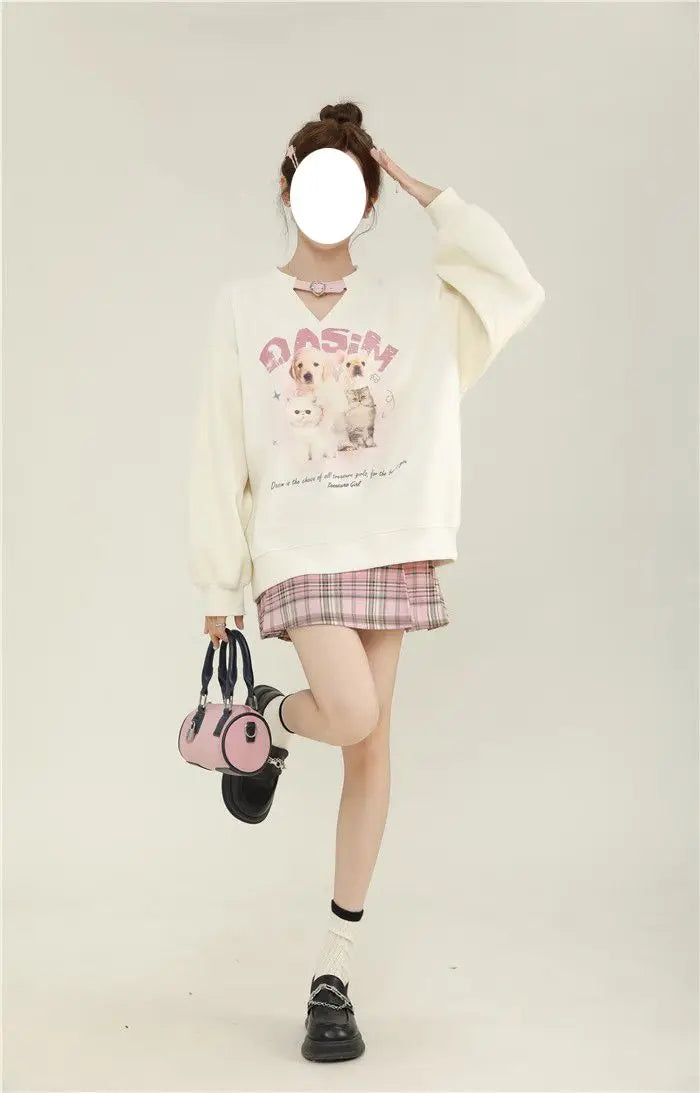 College-stijl schattige bedrukte fleece hoodie met lange mouwen voor dames en uniek ontwerp Sense Niche Loose