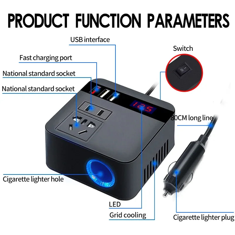 Car Inverter 150w Peak Dc12v 24V to 110v 220v LED Display Sockets Power Inverter