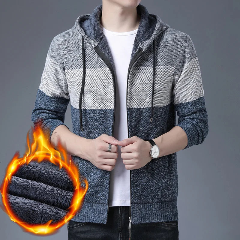 Men s Casual High Neck Long Sleeve Knitted Hoodie Coat Velvet Warmth Autumn Winter Fashion Multi