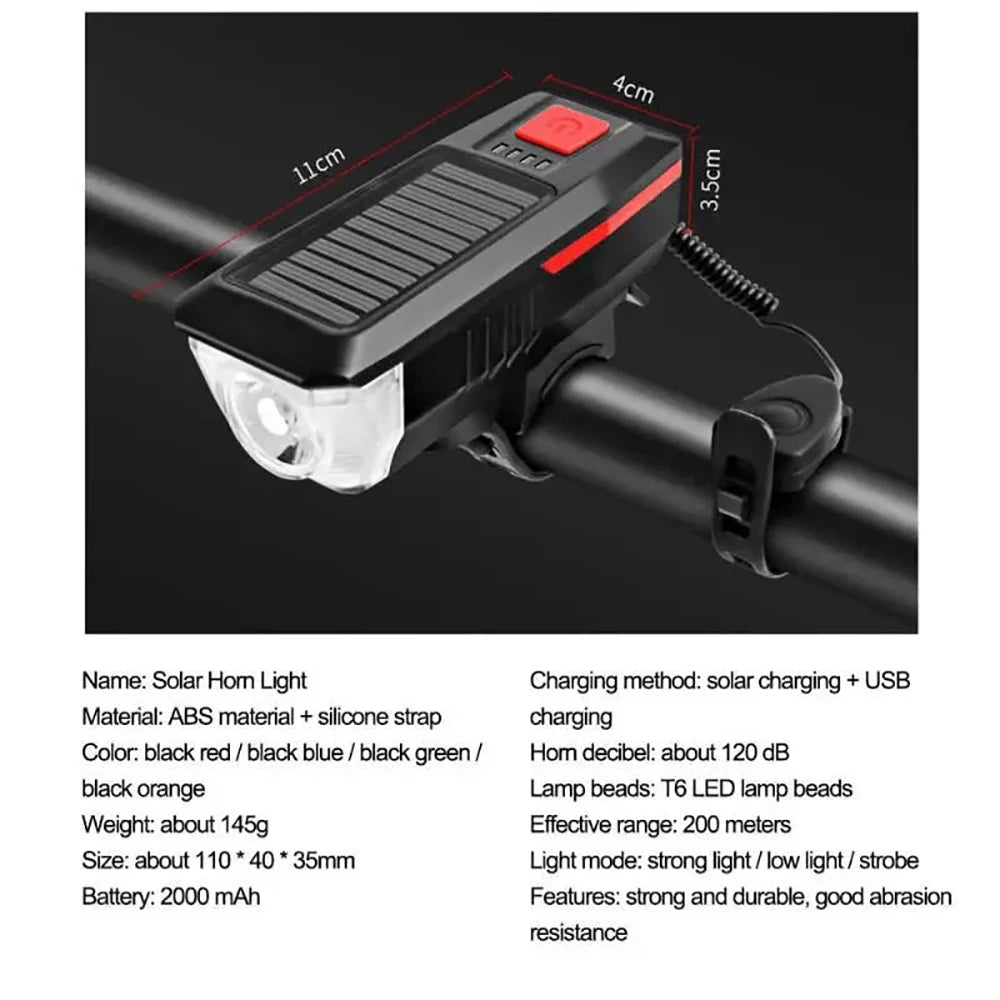 3 standen zonne-fiets koplamp met hoorn, USB oplaadbaar, LED berg