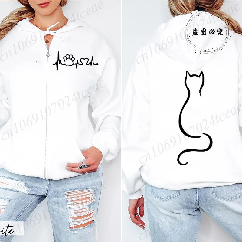 Dames Hoodie met Ritssluiting, Herfst Winter, Schattige Kat, Heatbeat Sweatshirt, Hiphop