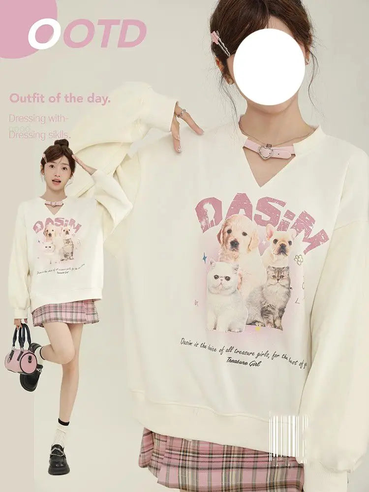 College-stijl schattige bedrukte fleece hoodie met lange mouwen voor dames en uniek ontwerp Sense Niche Loose