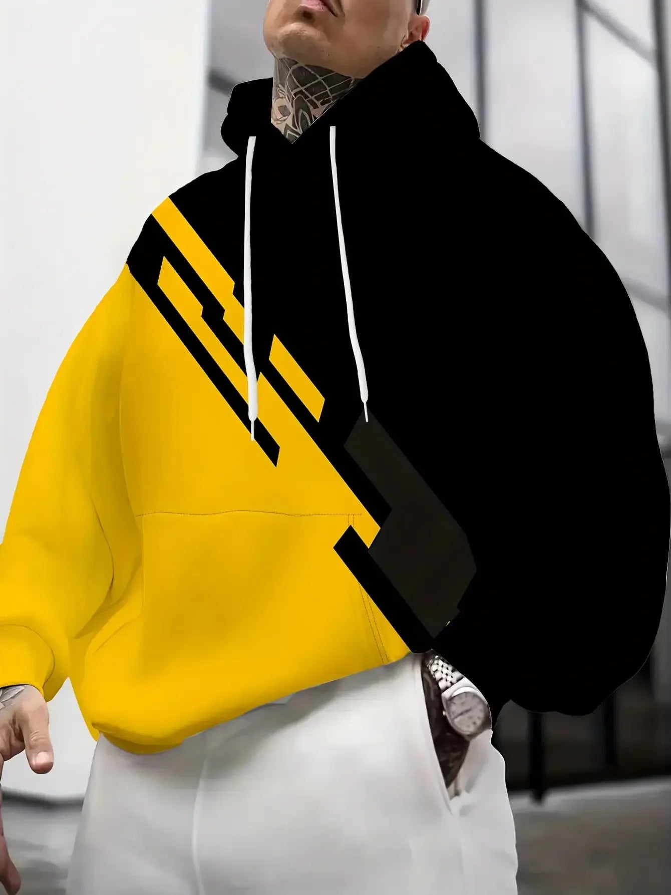 Men s Stylish Color Blocked Hooded Sweatshirt Trendy Black & Yellow Sportswear for Fall Spring