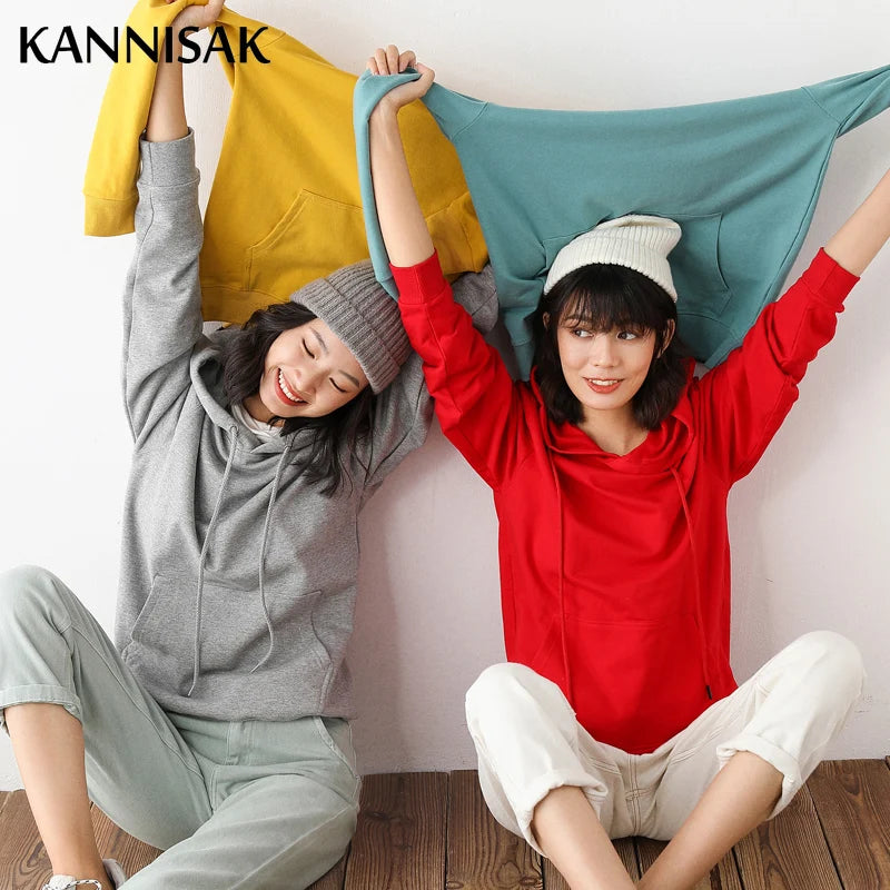 Dames Hoodies 100% Katoen Lente Herfst Losse Lange Mouwen Truien Effen