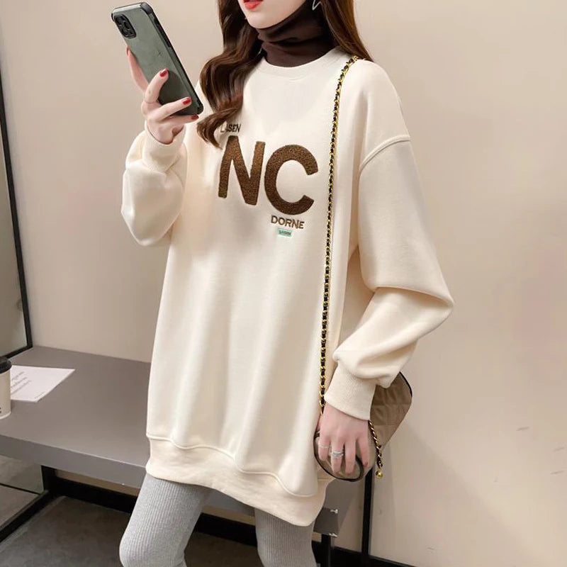 Autumn Winter High Collar Long Sleeve Fleece Thick Oversize Streetwear Female Sweatshirt Fake 2