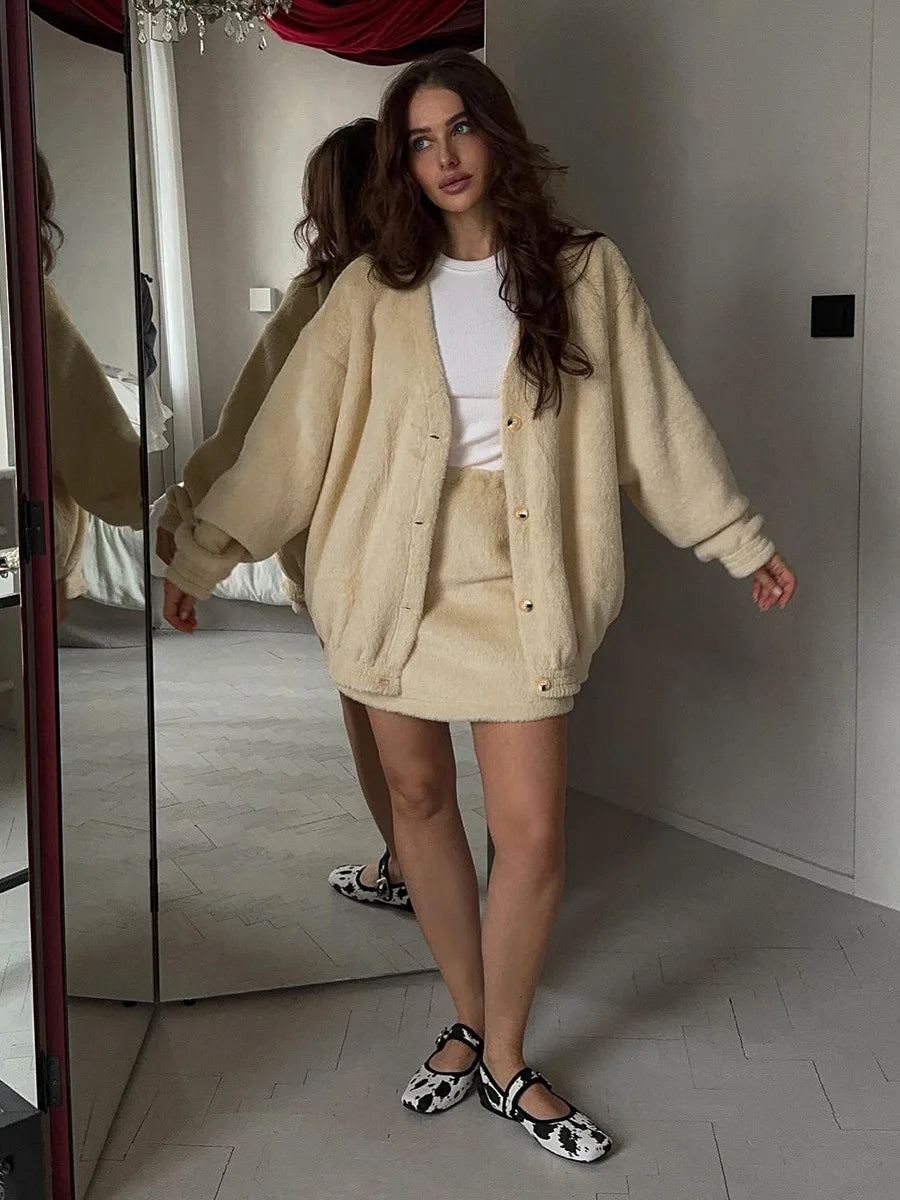 Bornladies Women s Plush V neck Knit Cardigan Short Skirt Set Autumn Winter