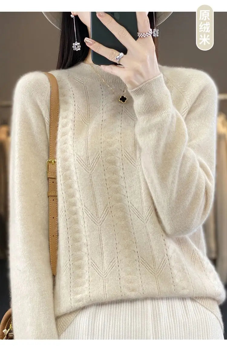 Women Stylish Simple Hollow Soft Cashmere Basic Knitted Sweater Solid O Neck Long Sleeve Loose
