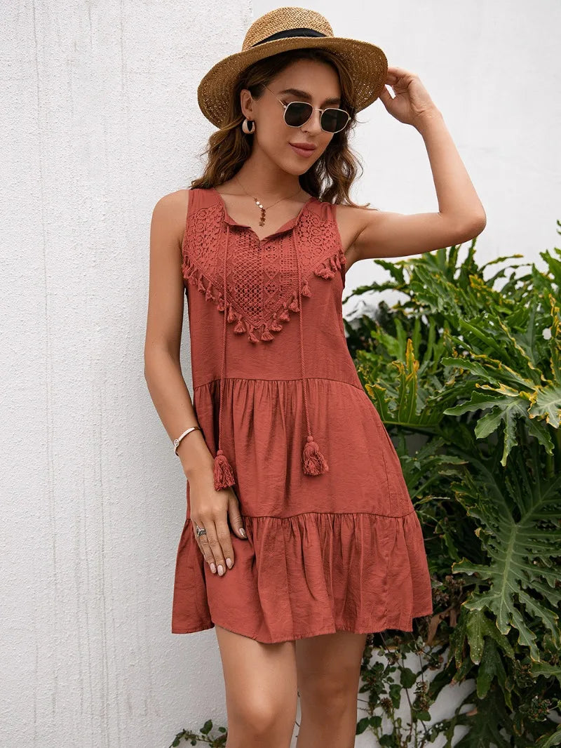 Casual dames zomer kwastjes kant hoge taille mouwloze korte mini-jurk vestido