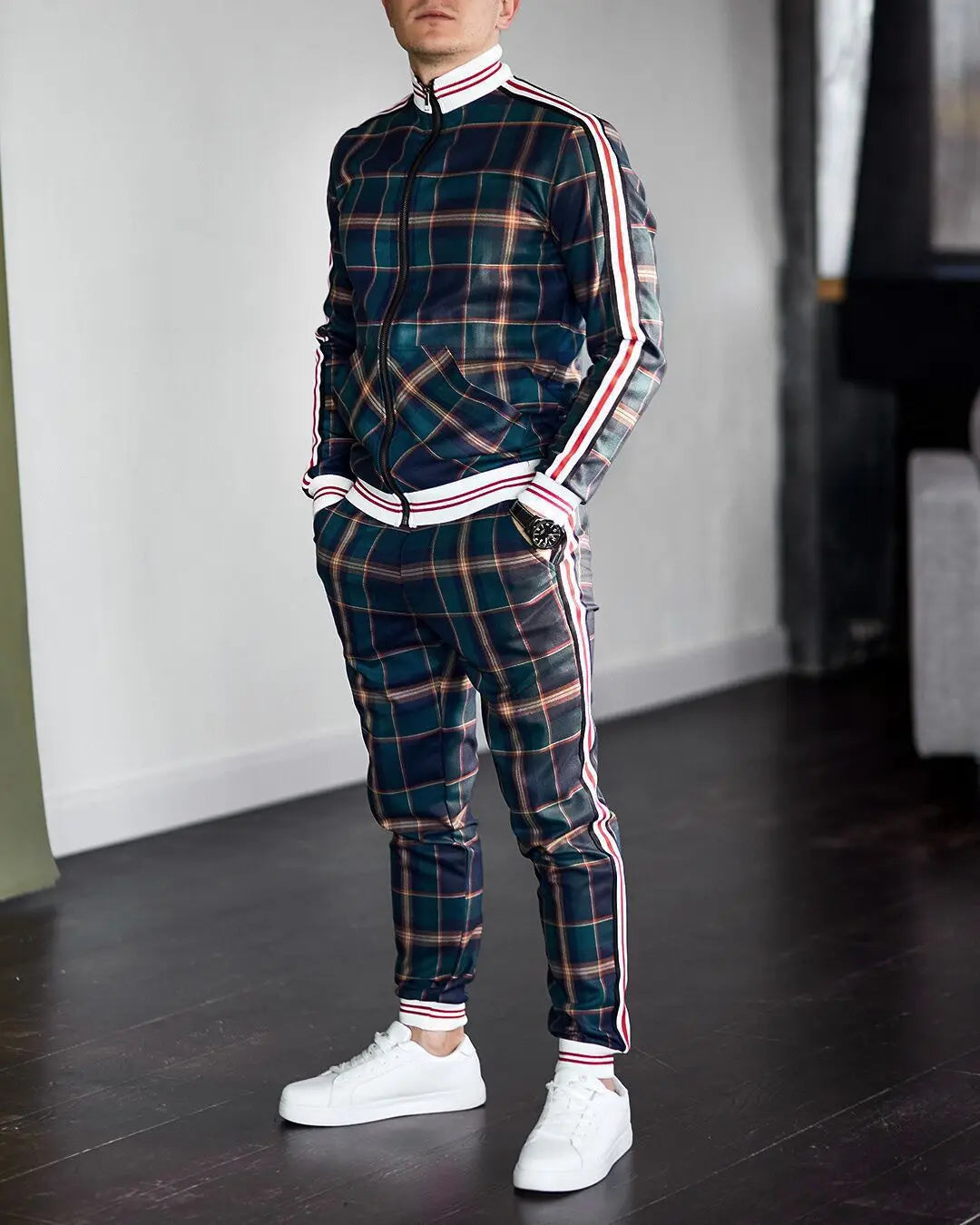 Mens Tracksuits Colorful Plaid Casual Zipper Hoodie Set 3D Print Set Autumn Male