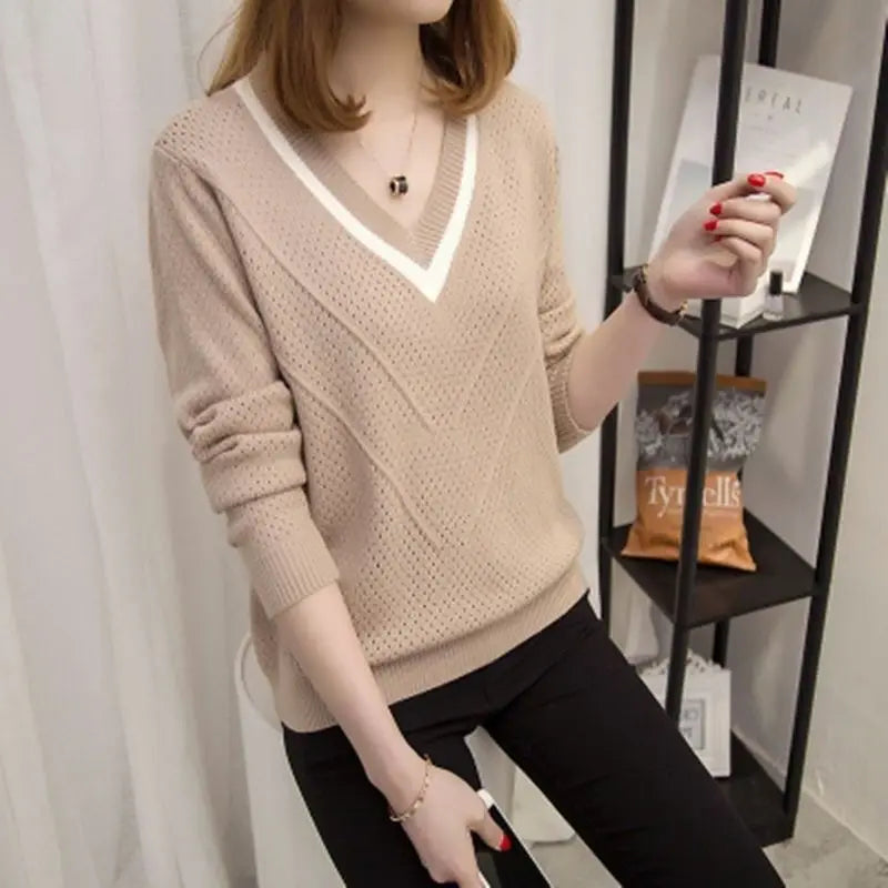 Casual Hollow Out gebreide trui dames herfst winter V-hals lange mouw warm