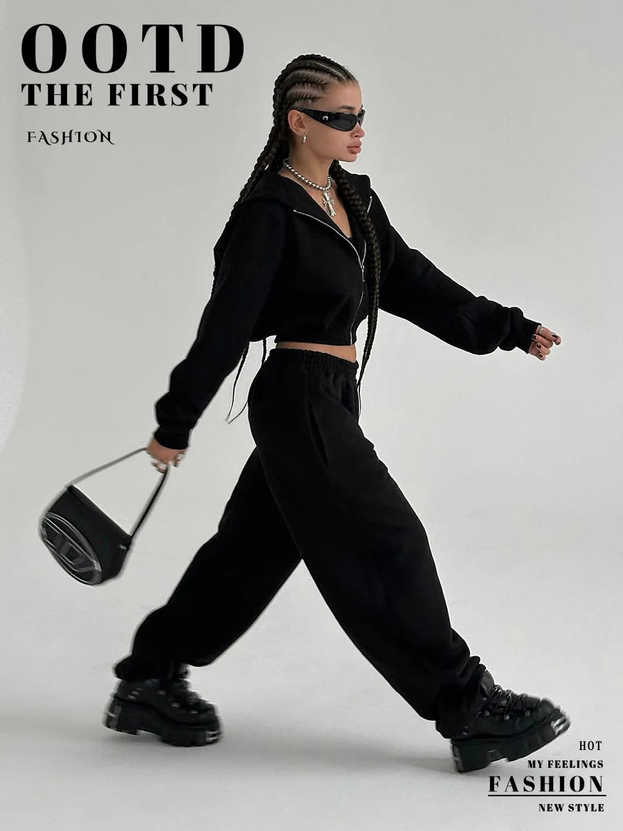 Bornladies Dames Cropped Hoodie Sweatpants Set Losse Trekkoord Taille Ritssluiting