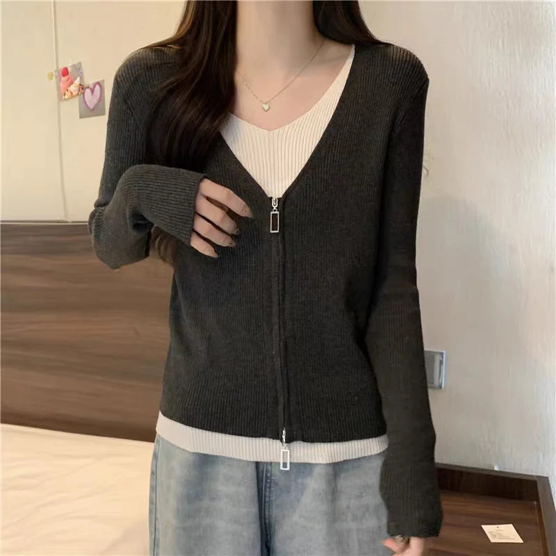 Mode valse tweedelige trui dames lente herfst mix kleur V-hals gebreid